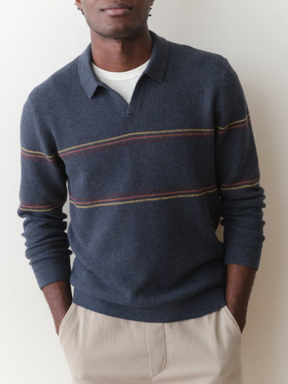 Marine Layer Liam Long Sleeve Sweater Polo Navy Sunset Stripe Large - Picture 7 of 7